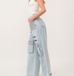 Studded wide leg cargo jeans