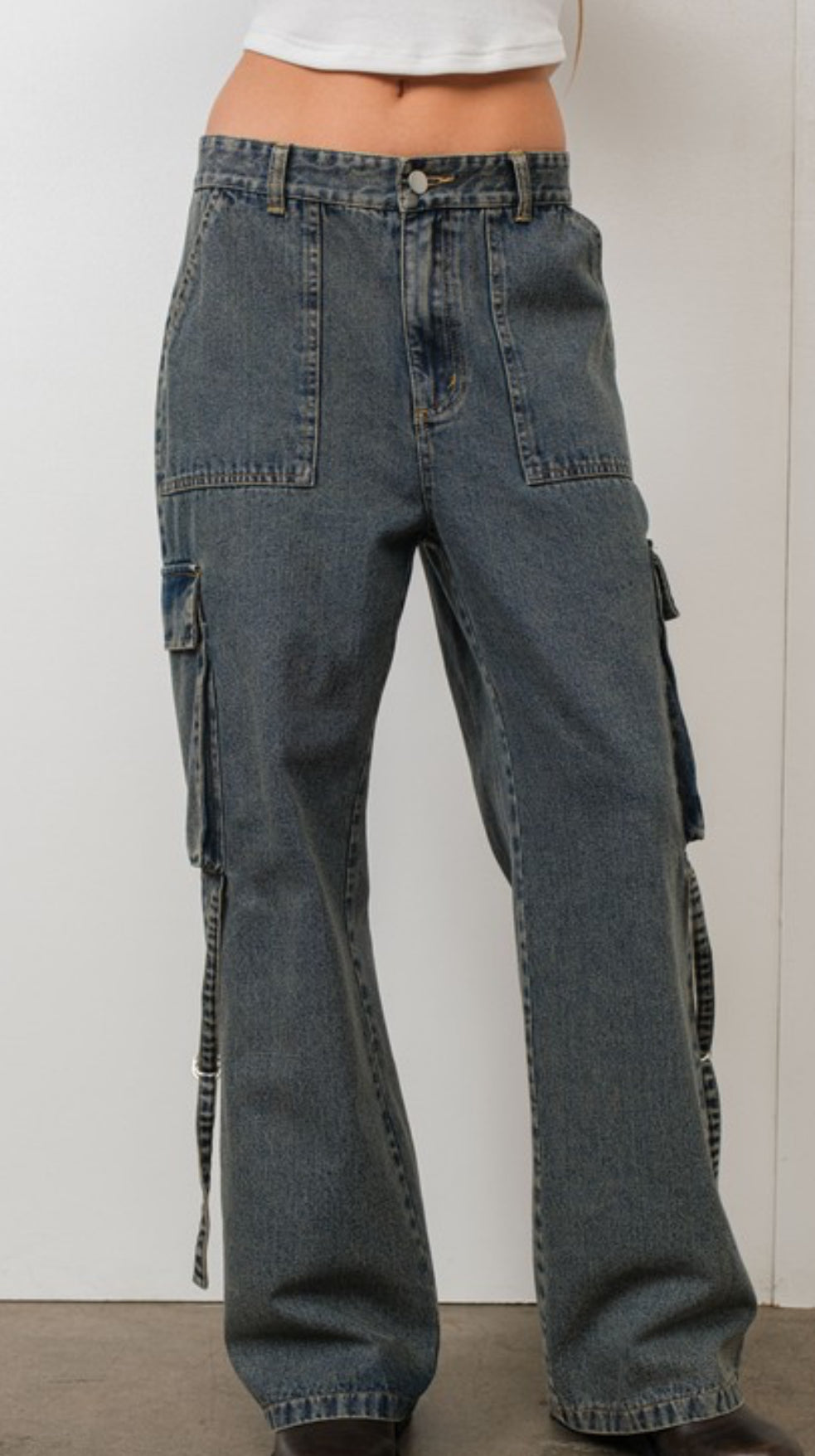 Washed Denim Cargo Jeans