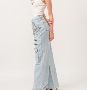 Studded wide leg cargo jeans