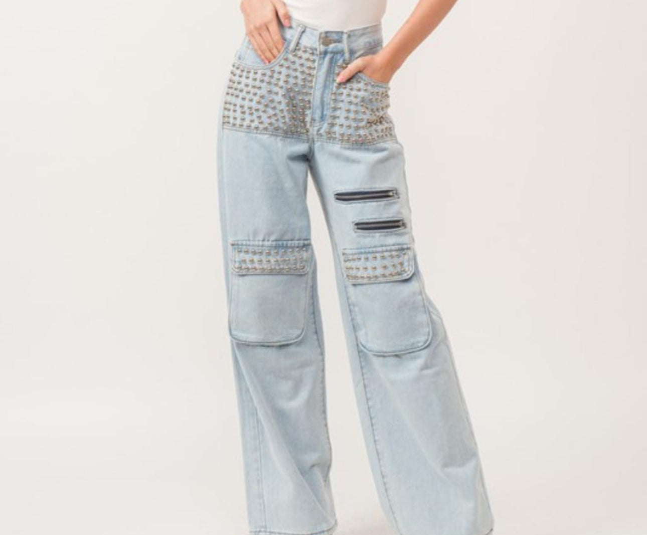 Studded wide leg cargo jeans