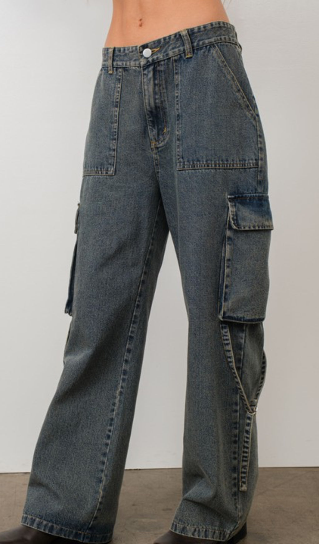 Washed Denim Cargo Jeans