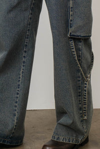 Washed Denim Cargo Jeans