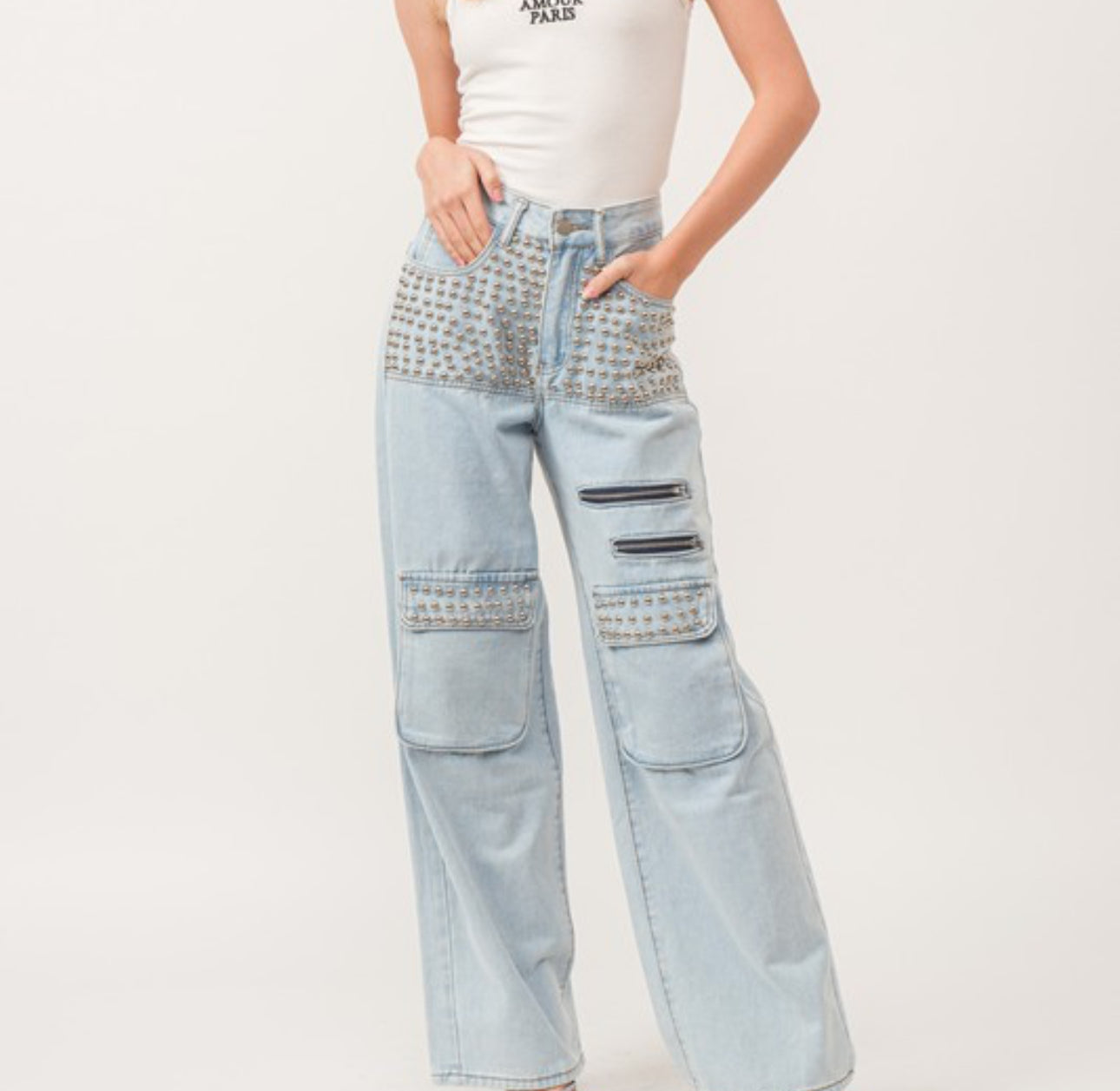 Studded wide leg cargo jeans