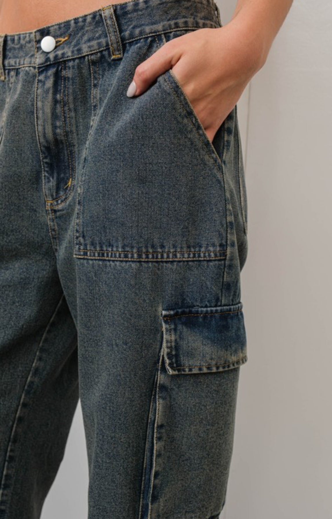 Washed Denim Cargo Jeans